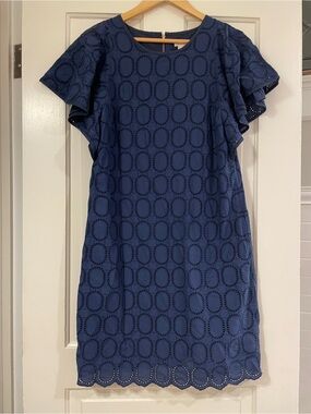 J. Crew Navy Blue Eyelet Flutter Sleeve Shift Sheath Dress Scalloped Hem Size 10